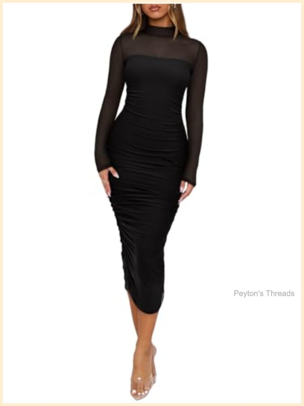 REORIA Mesh Long Sleeve Midi Ruched Bodycon Dress Mock Neck Formal Party